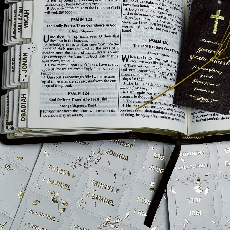 UPAFEXXI-Leather Bible Tabs  Bible Tabs for Women and Men(Gold Foil Lettering) Large Print Stickers  Easy to Read and Apply  80 Chapters Labels for Easy Navigation (White Gold Floral - Image 5